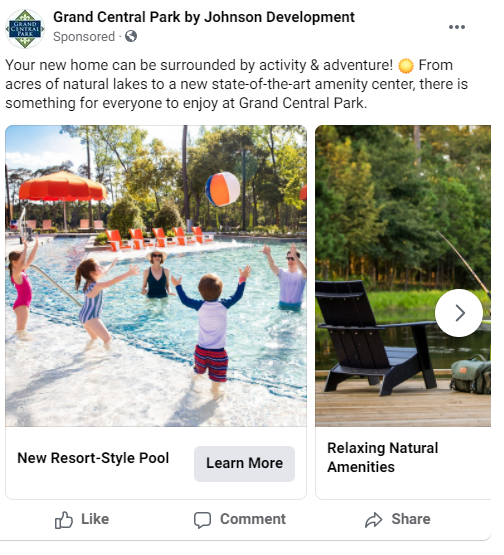 Facebook Ad Sample Showcasing Master-Planned Community Amenities