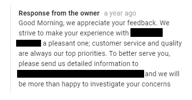 Screenshot of Company Addressing a Negative Review