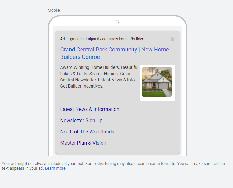 Preview of Image Extension on Mobile in Google Ads Previewer