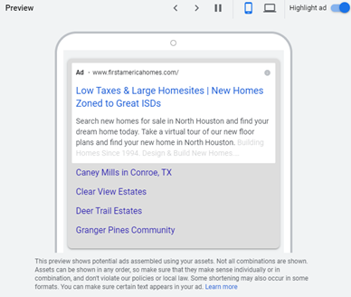 Screenshot of Responsive Search Ad in Google Ads Previewer