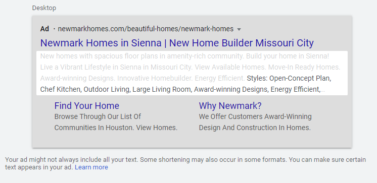 Screenshot of Structured Snippets in Google Ads Previewer